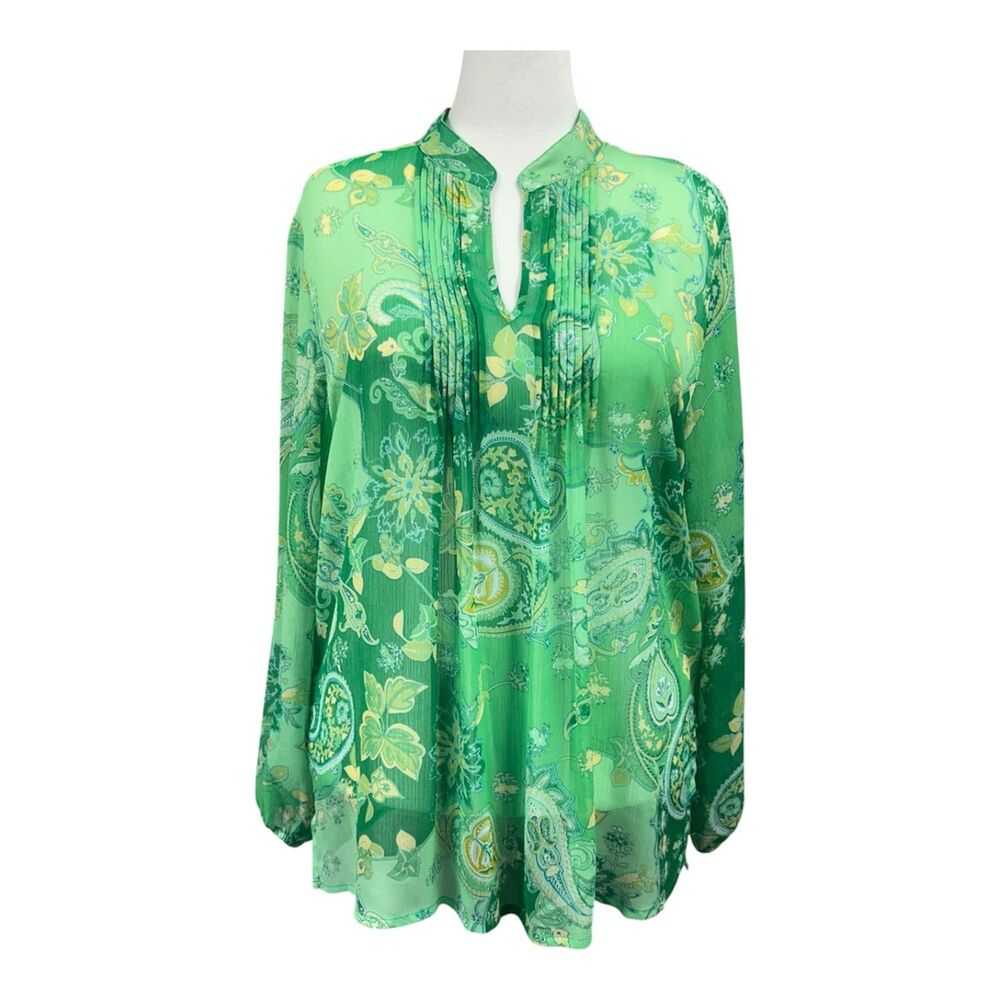 Susan Graver Sheer Pintuck Floral V Neck Long Sleeve Blouse Sz XL Green